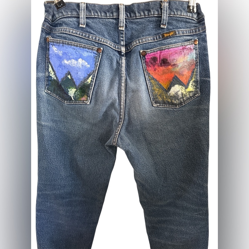 Vintage Wrangler 947STR Jeans 32x30 Custom Hand Painted Mountain Pockets